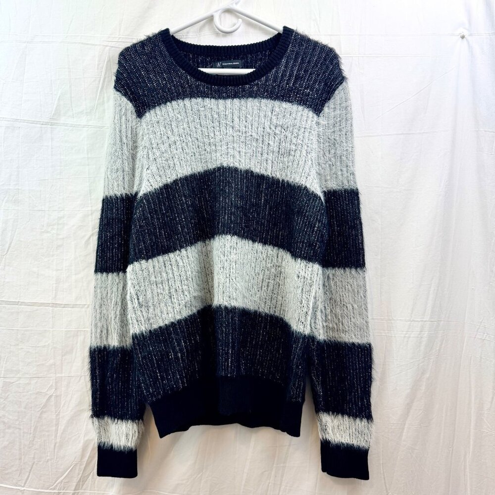 Long Back Striped Fuzzy Sweater Women M Gray INC International Concepts